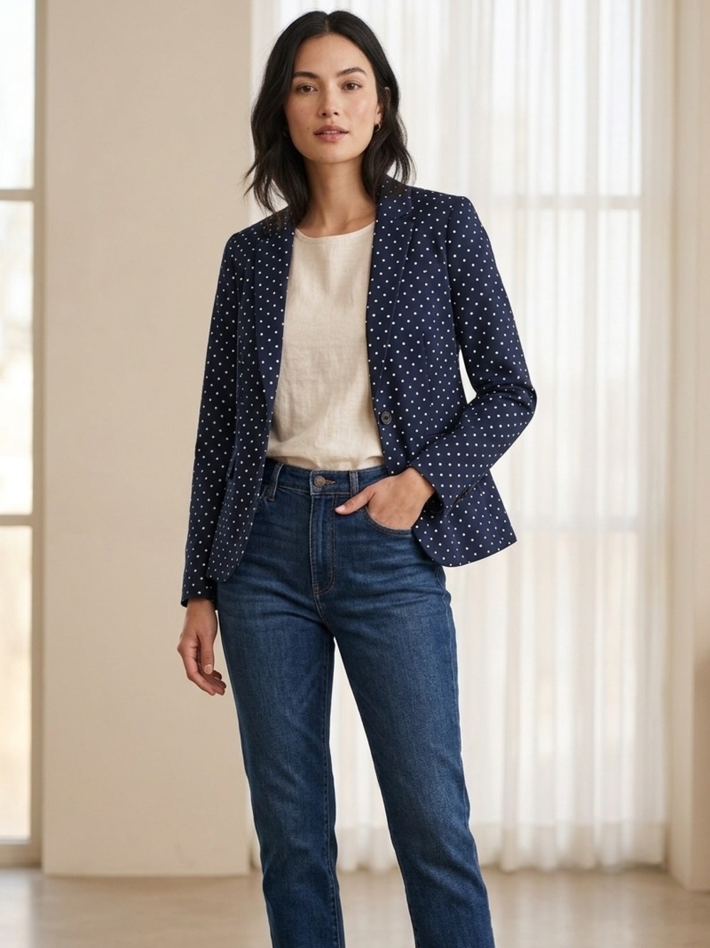 Y2K Merona Navy Polka Dot Single-Button Blazer